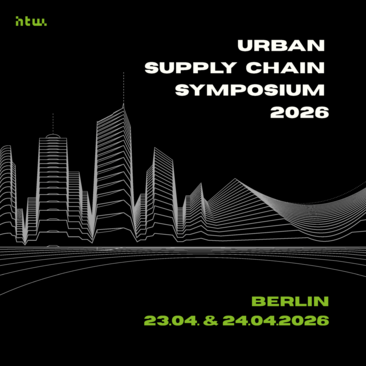 Schwarzes Banner mit stilisierter, linienbasierter Stadtlandschaft und dynamischen Kurven, das das „Urban Supply Chain Symposium 2026“ in Berlin am 23. und 24. April 2026 ankündigt.
