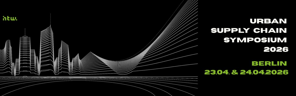 Schwarzes Banner mit stilisierter, linienbasierter Stadtlandschaft und dynamischen Kurven, das das „Urban Supply Chain Symposium 2026“ in Berlin am 23. und 24. April 2026 ankündigt.