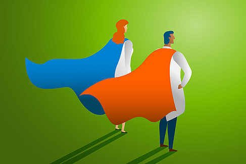Illustration: Zwei Menschen im Superhelden-Kostüm