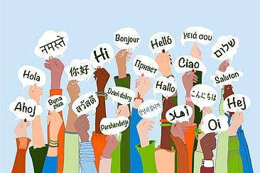 Hände, die Begrüßungsformeln in verschiedenen Sprachen in die Höhe halten