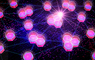 Leuchtende, pink-violette Hexagone, die als digitales Netzwerk mit Verbindungslinien und Lichtstrahlen dargestellt sind