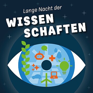 Das Bild zeigt ein stilisiertes Auge mit verschiedenen Symbolen aus Wissenschaft und Technik (wie Roboter, Pflanze, Glühbirne, Laptop, medizinisches Kreuz) in der Iris. Darüber steht der Schriftzug „Lange Nacht der Wissenschaften“ vor einem dunkelbl