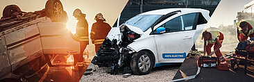 Fotomontage aus Verkehrsunfall und demoliertem Auto