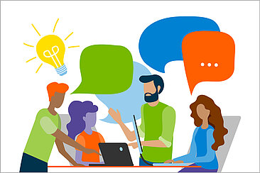 Grafik: Gruppe beim Brainstorming