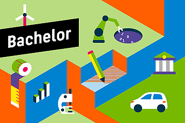 Farbenfrohe, stilisierte Illustration mit Symbolen aus Wissenschaft, Technik, Wirtschaft und Gestaltung, die verschiedene Studienbereiche repräsentieren