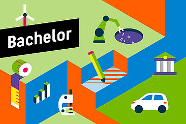 Farbenfrohe, stilisierte Illustration mit Symbolen aus Wissenschaft, Technik, Wirtschaft und Gestaltung, die verschiedene Studienbereiche repräsentieren